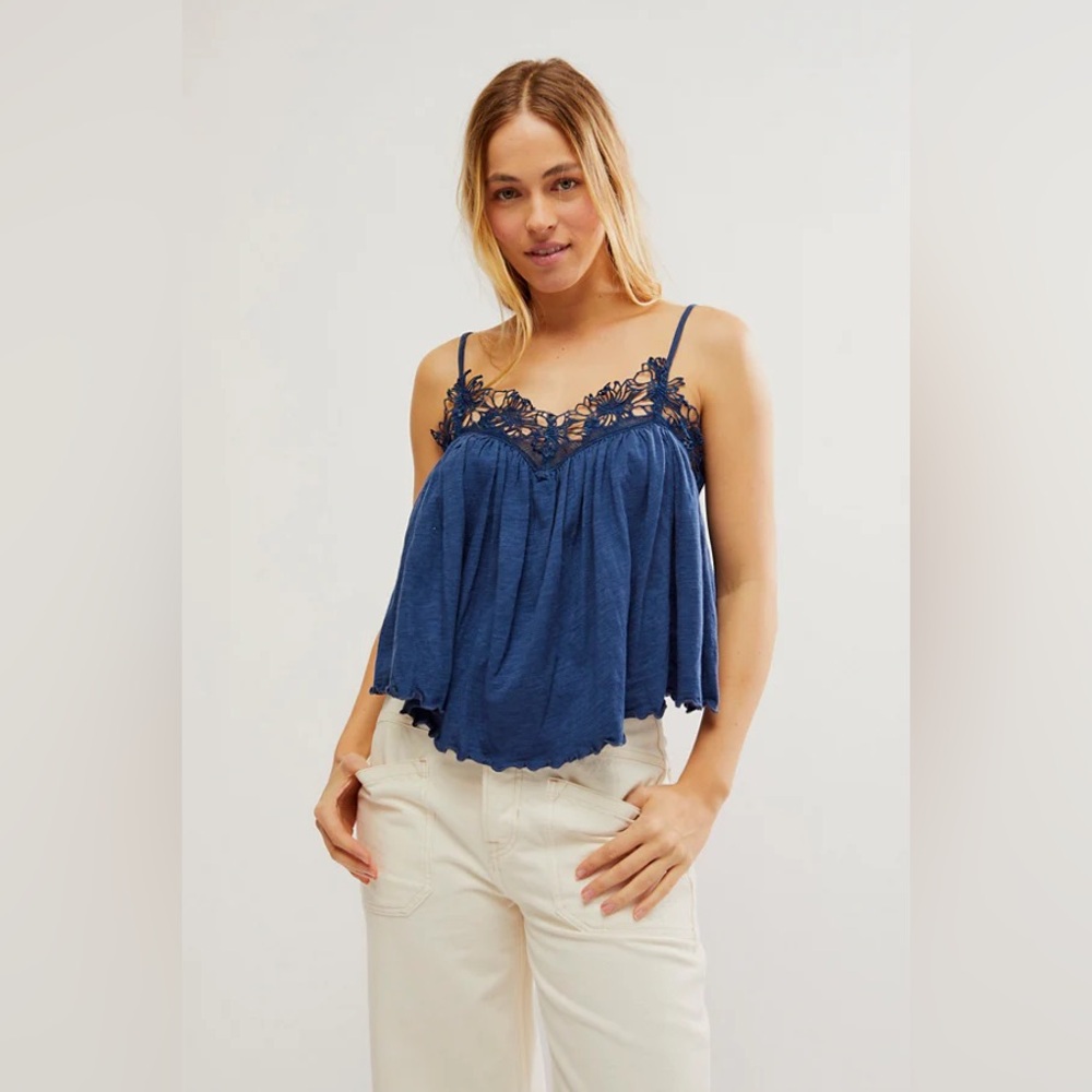 Free People Kayla denim blue lace embroidered tank top floral